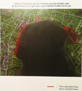Prie prašymo vieviškiai pridėjo žemėlapį, kuriame raudona linija pažymėta Vievio ežero pakrantėje likusi laisva valstybinė žemė