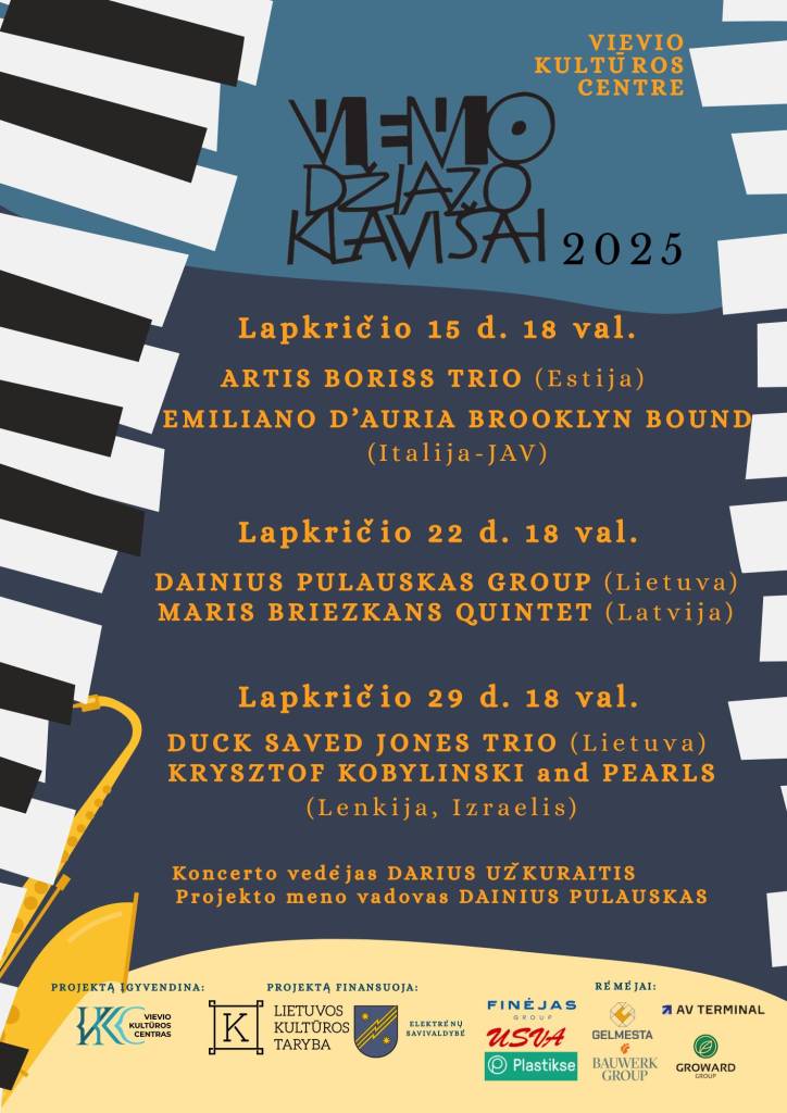 „Vievio džiazo klavišai 2025“ kviečia į koncertų ciklą. Nuo lapkričio 15 d. tris šeštadienius iš eilės vykstantys koncertai sukvietė Lietuvos džiazo žvaigždes bei svečius iš Latvijos, Estijos, Lenkijos, Italijos, Izraelis, JAV. Džiazo fanai, festivalis laukia jūsų!“.